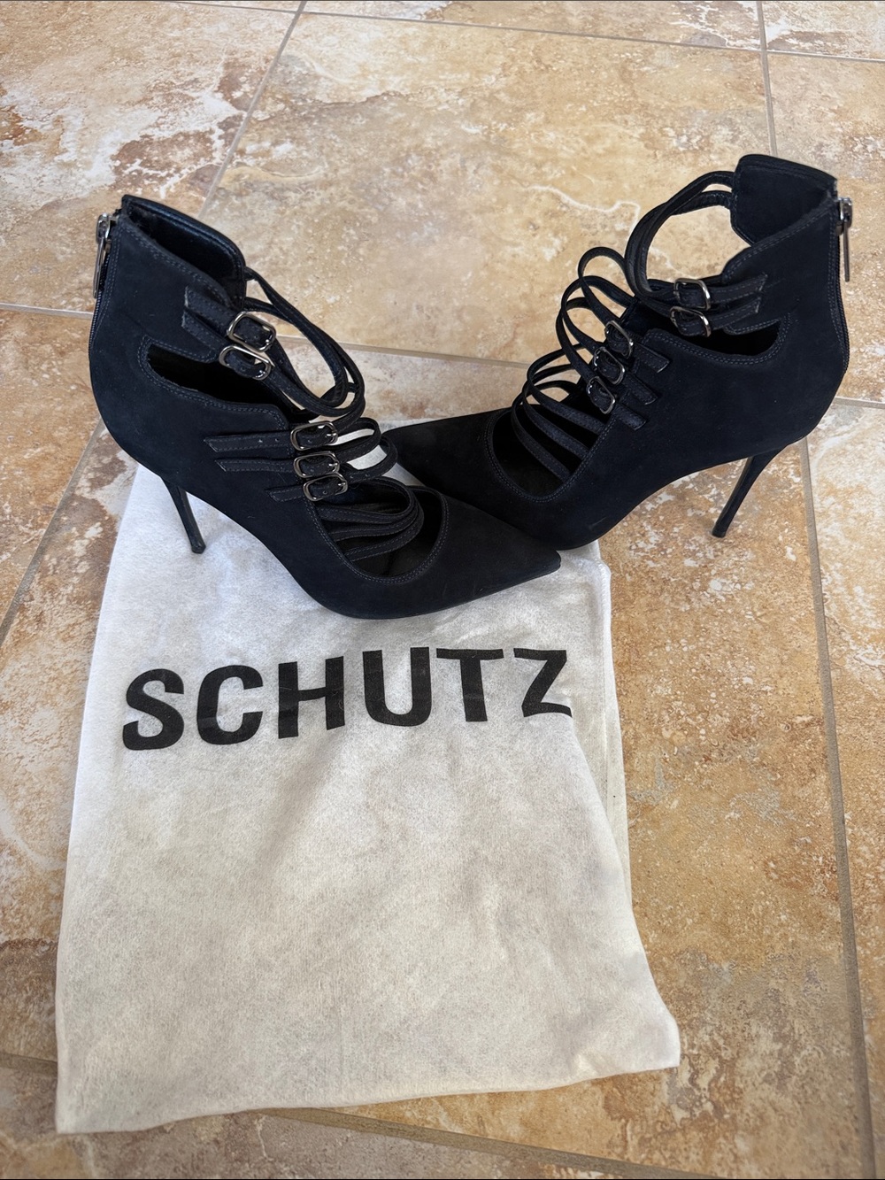 SCHUTZ Black Strappy Suede Pointed-Toe Stiletto Booties